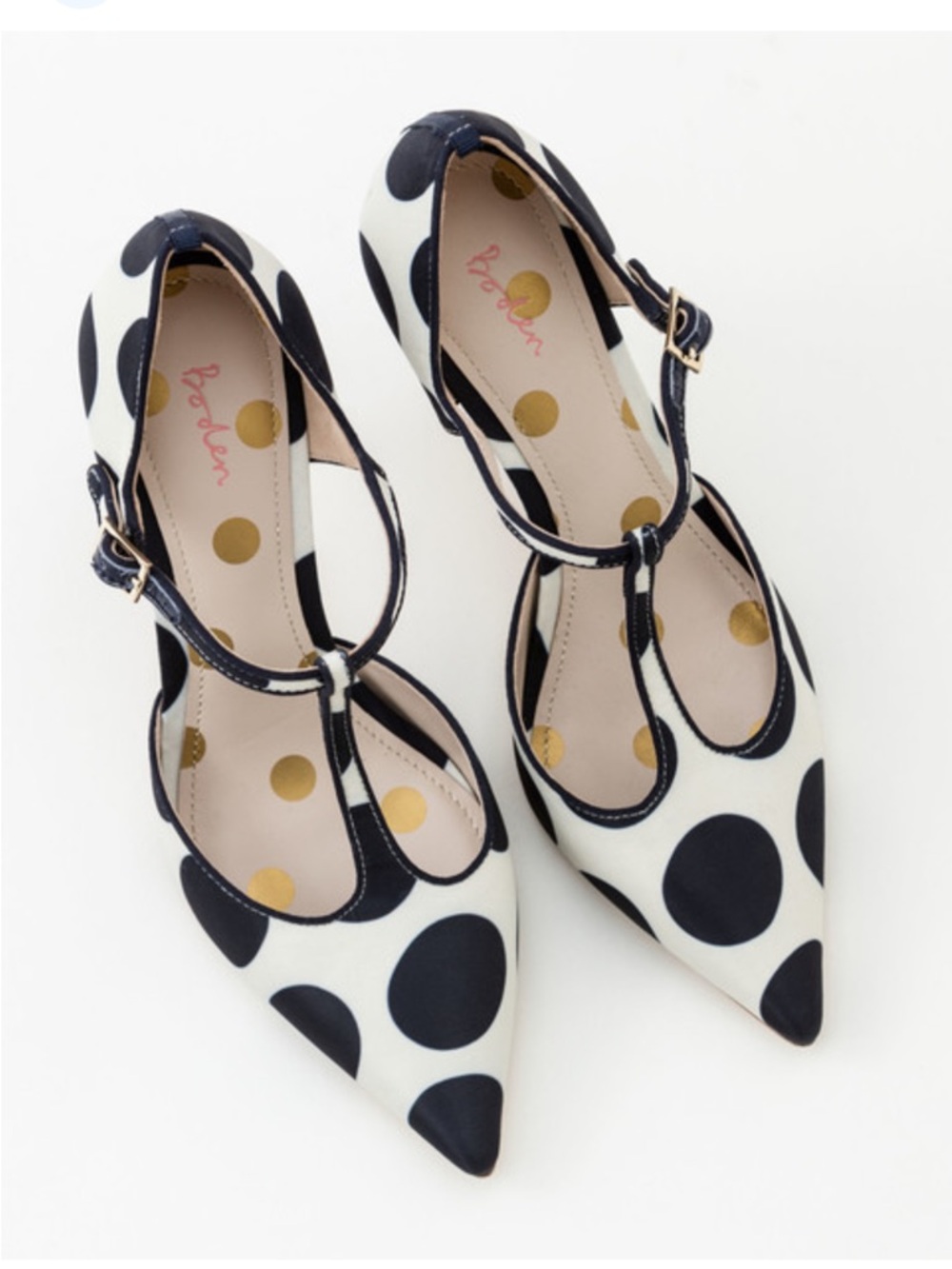 Boden Angelica T-Strap Pointed Toe Heels Navy Polka Dot 5.5